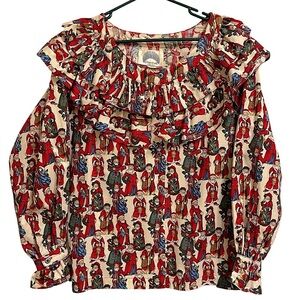 J Yves Elliott Dallas Vintage Santa Print Blouse Novelty Ruffle LS Cotton L/XL